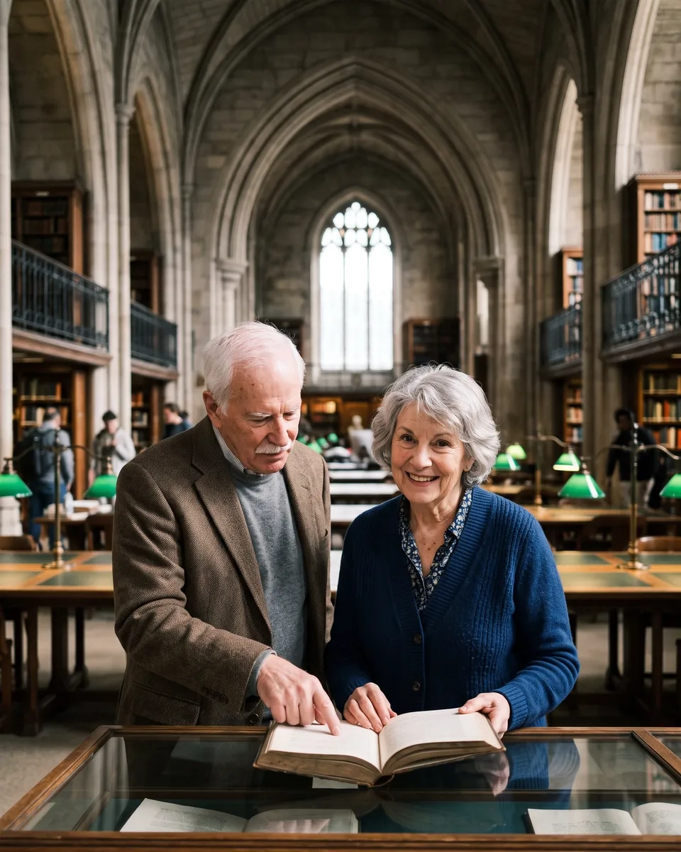 A woman in her late sixties with wavy grey hair and a blue cardigan and a man in his early seventies with a white moustache and a tweed jacket look at an open book in a glass case in a grand Gothic library (AI-generated image)
