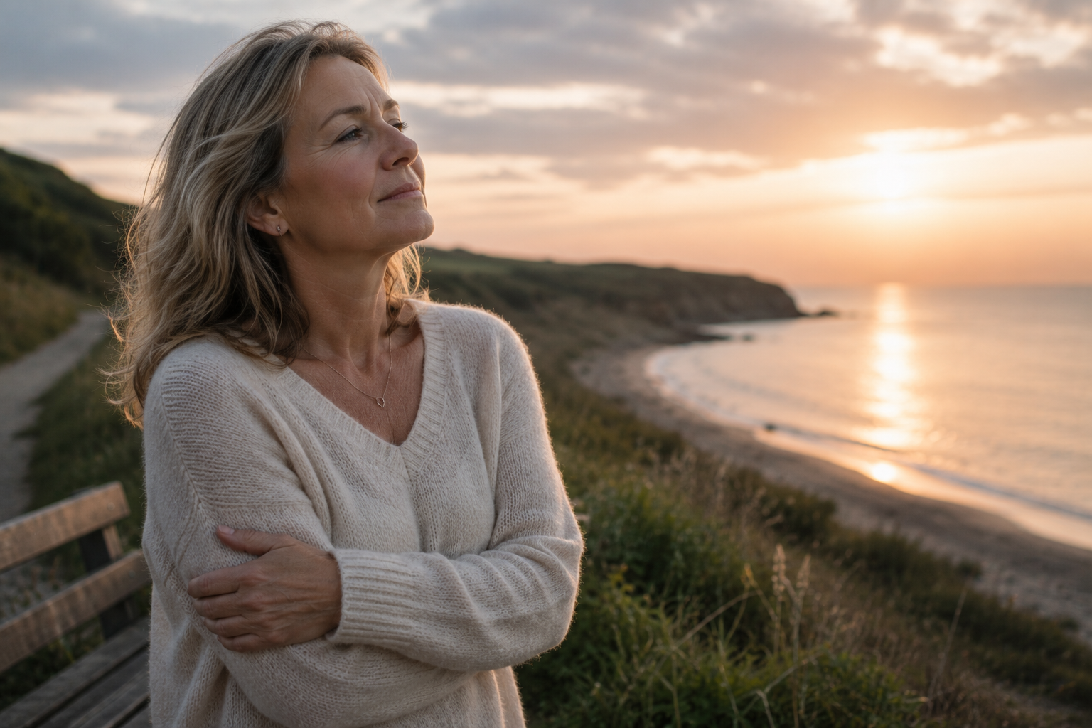 A woman stands at a coastal clifftop at sunset, arms wrapped around herself, looking out at the sea with a peaceful expression