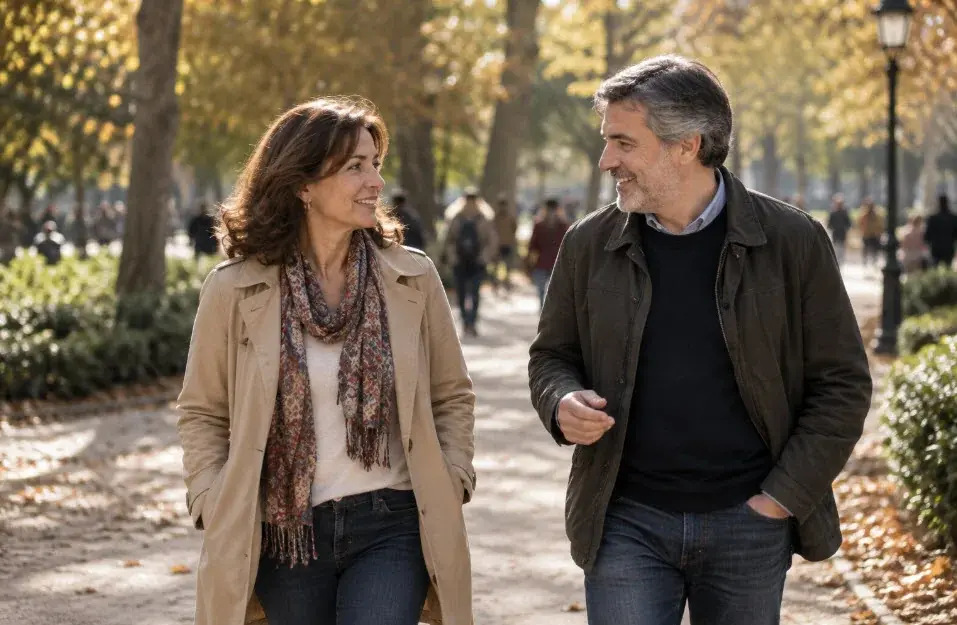 Pareja madura paseando y conversando por un parque urbano en otoño