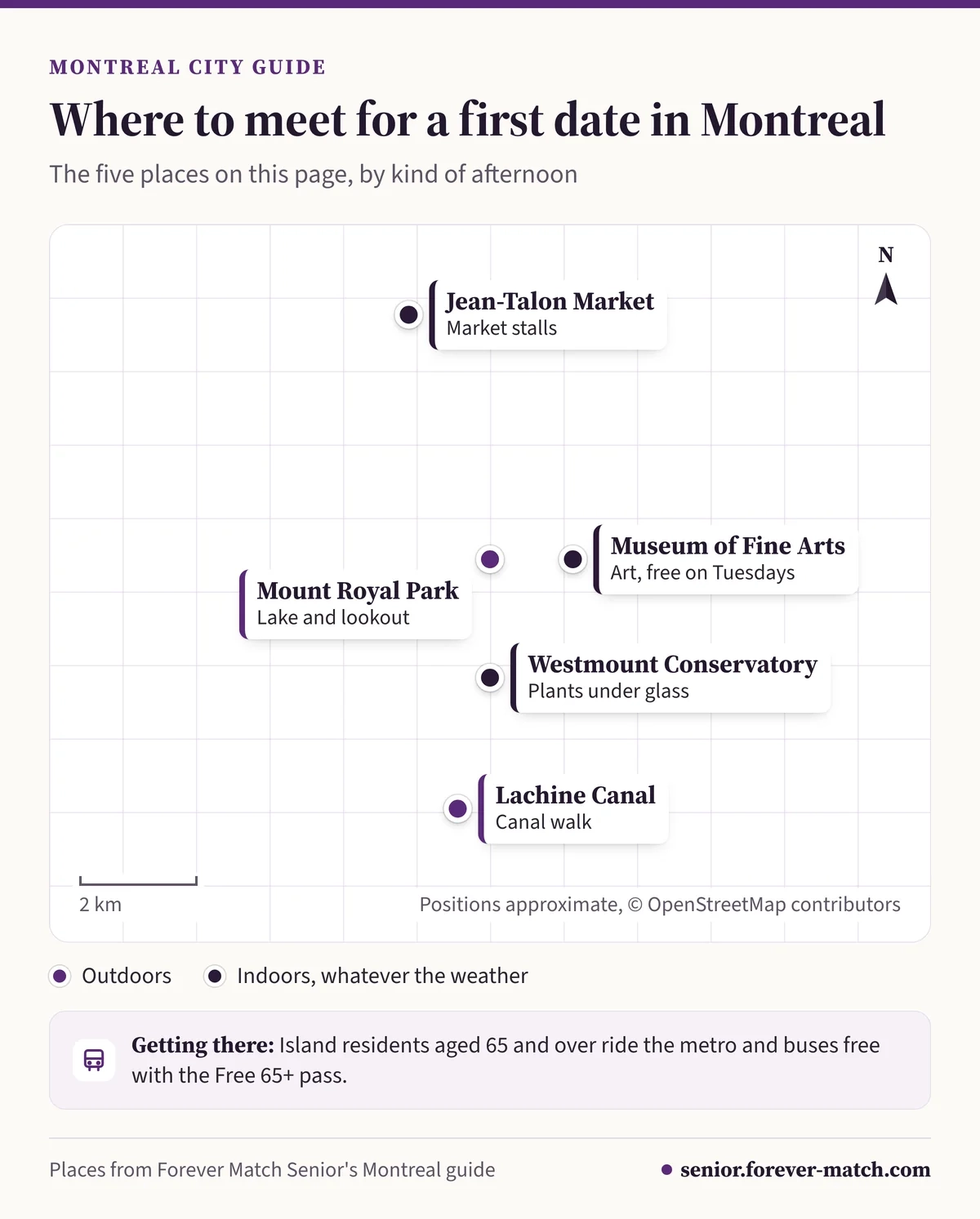 Map of first-date places in Montreal: Mount Royal Park, the Museum of Fine Arts, the Westmount Conservatory, Jean-Talon Market and the Lachine Canal