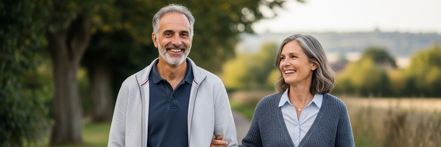 A happy Jewish couple enjoying a date in Cheshire, surrounded by scenic views and local culture.