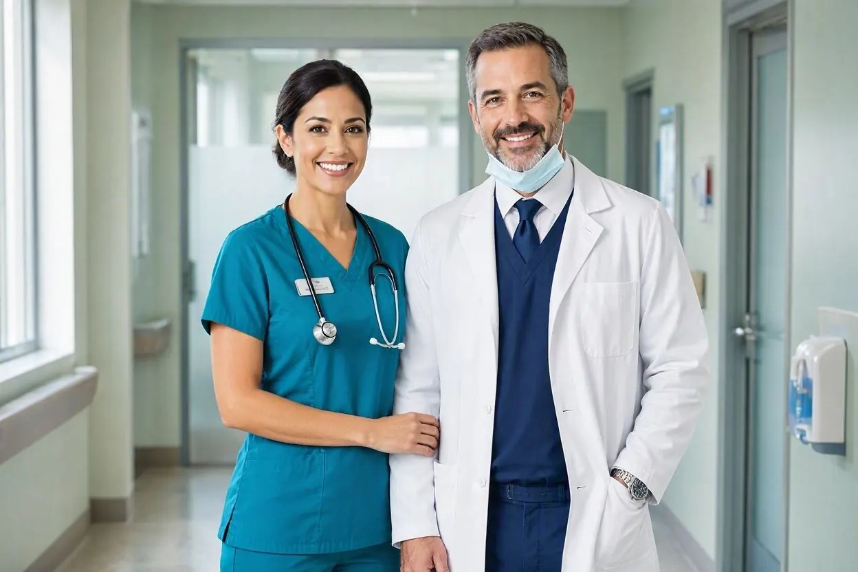 Illustrative stock photograph of two healthcare professionals in a hospital setting