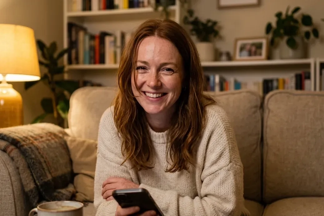 A smiling woman with auburn hair relaxing on a sofa at home in the evening, holding her phone (AI-generated image)