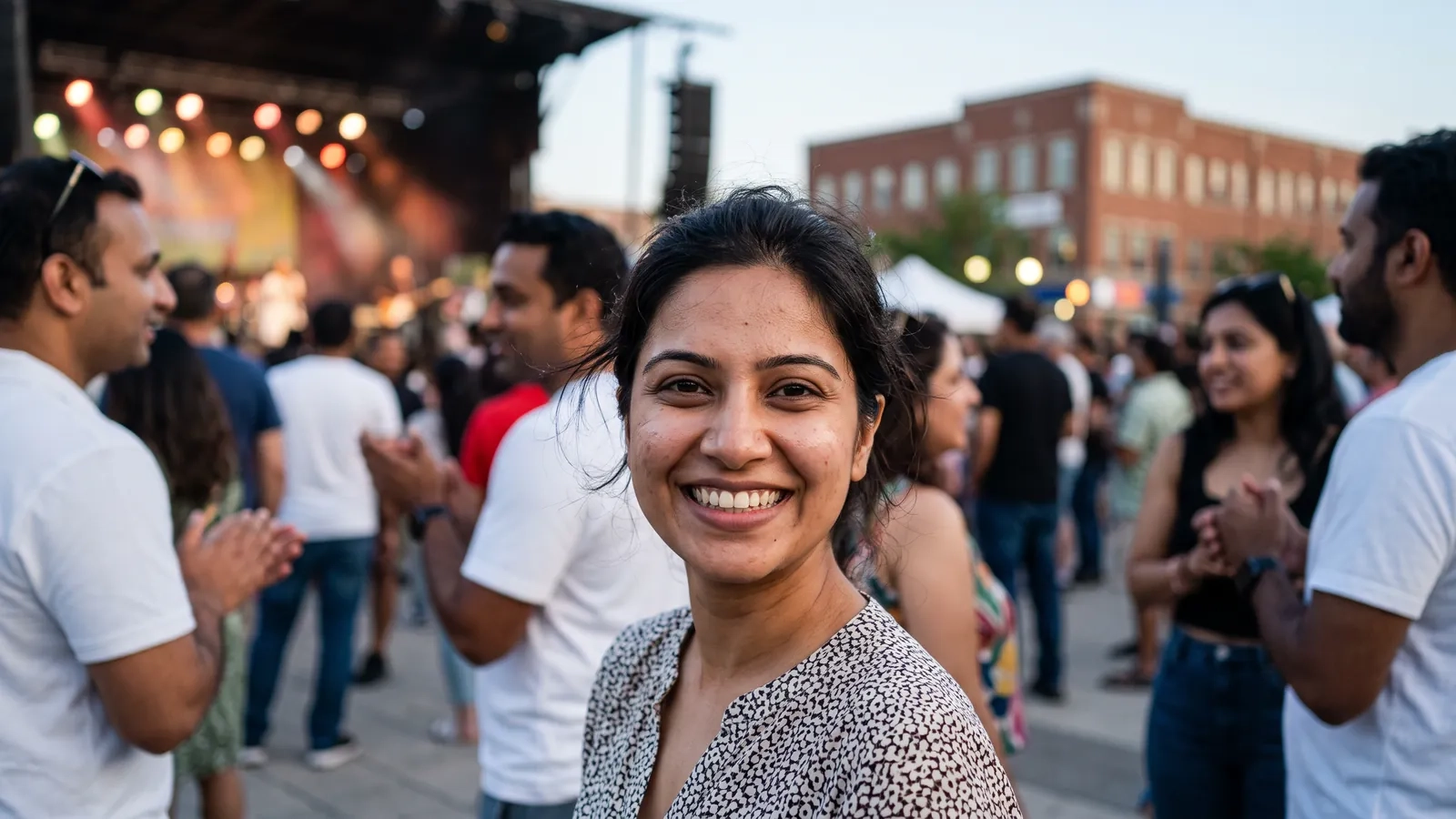 A smiling woman in the crowd at an open-air evening concert in a downtown Brampton square (AI-generated image)