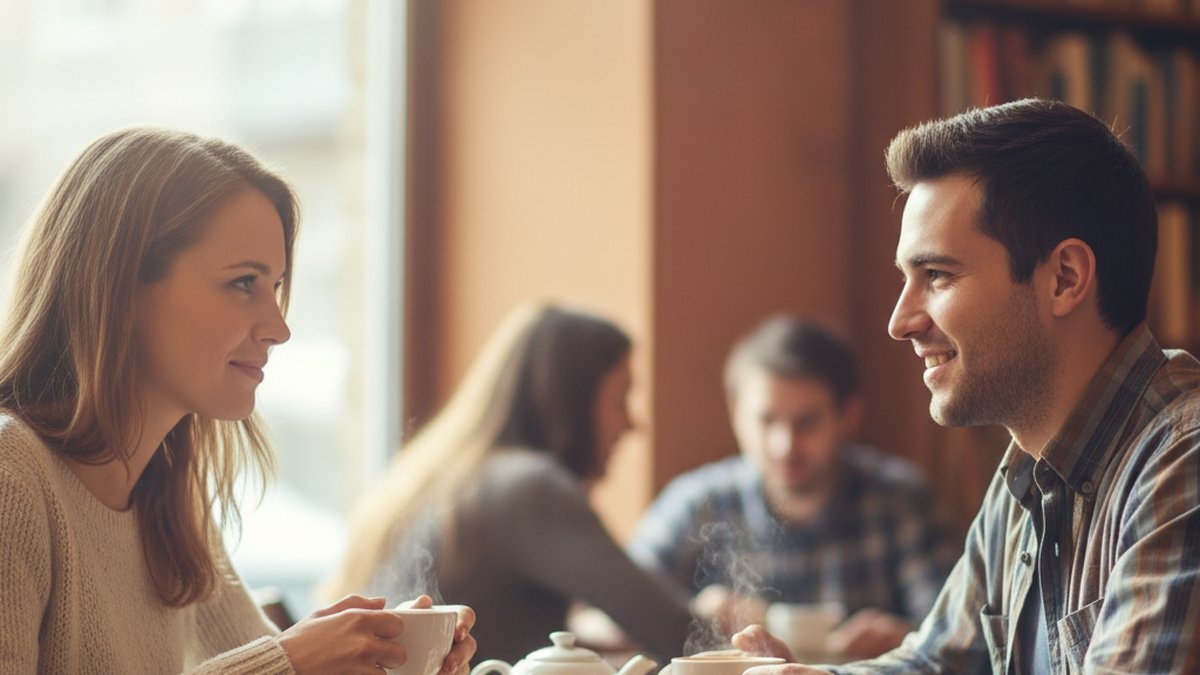 Two people sharing coffee at a cafe table, representing connection and vulnerability in early recovery dating