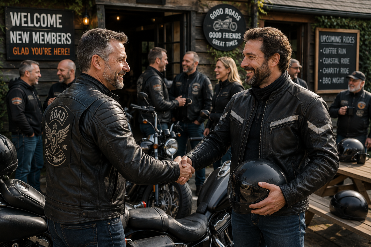 Two men in leather jackets shaking hands warmly at a motorcycle meet with a Welcome New Members sign visible