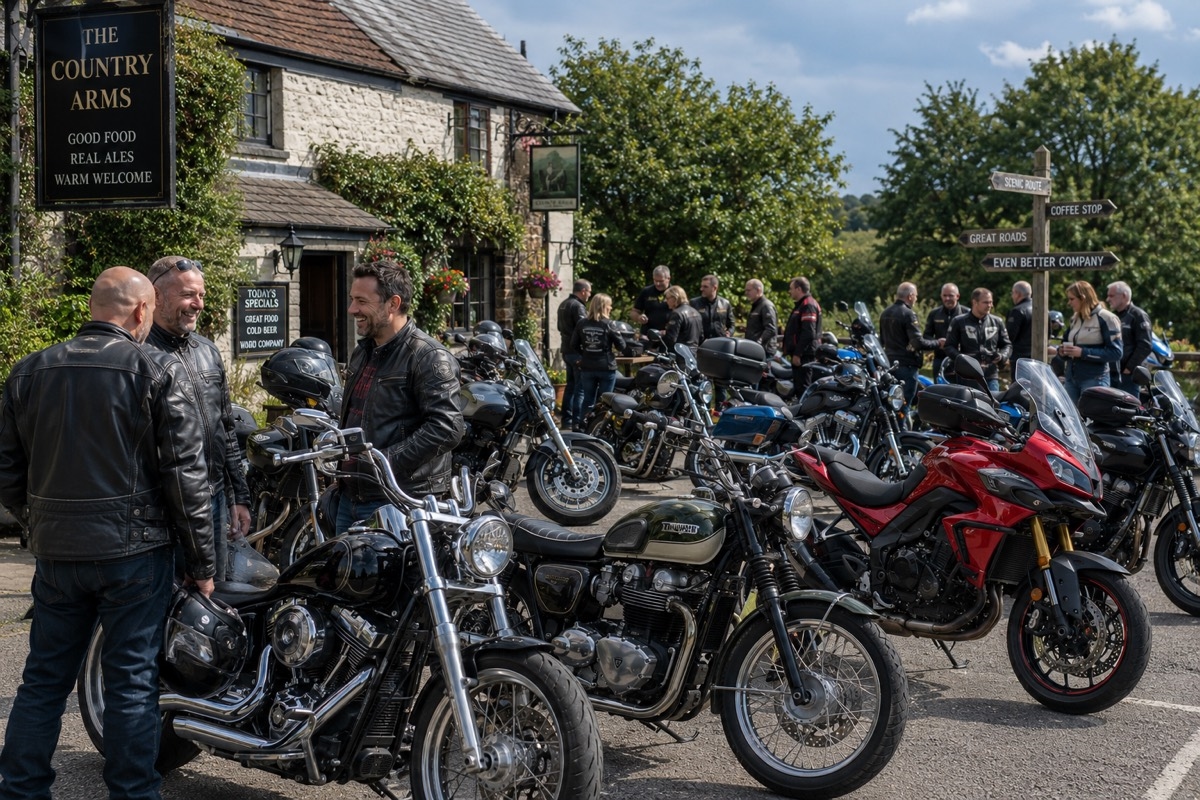 A group of riders socialising in the car park of a traditional British country pub on a sunny day, with a colourful mix of motorcycles parked up