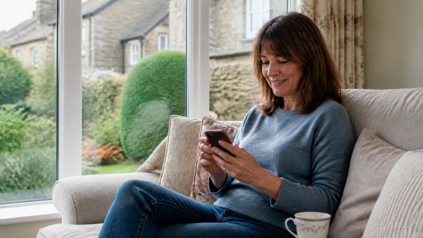 A woman smiling at her phone on a sofa by the window
