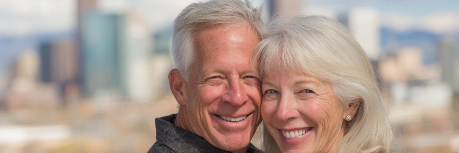 Elderly couple enjoying a beautiful day in Denver, representing love and companionship for over-70s
