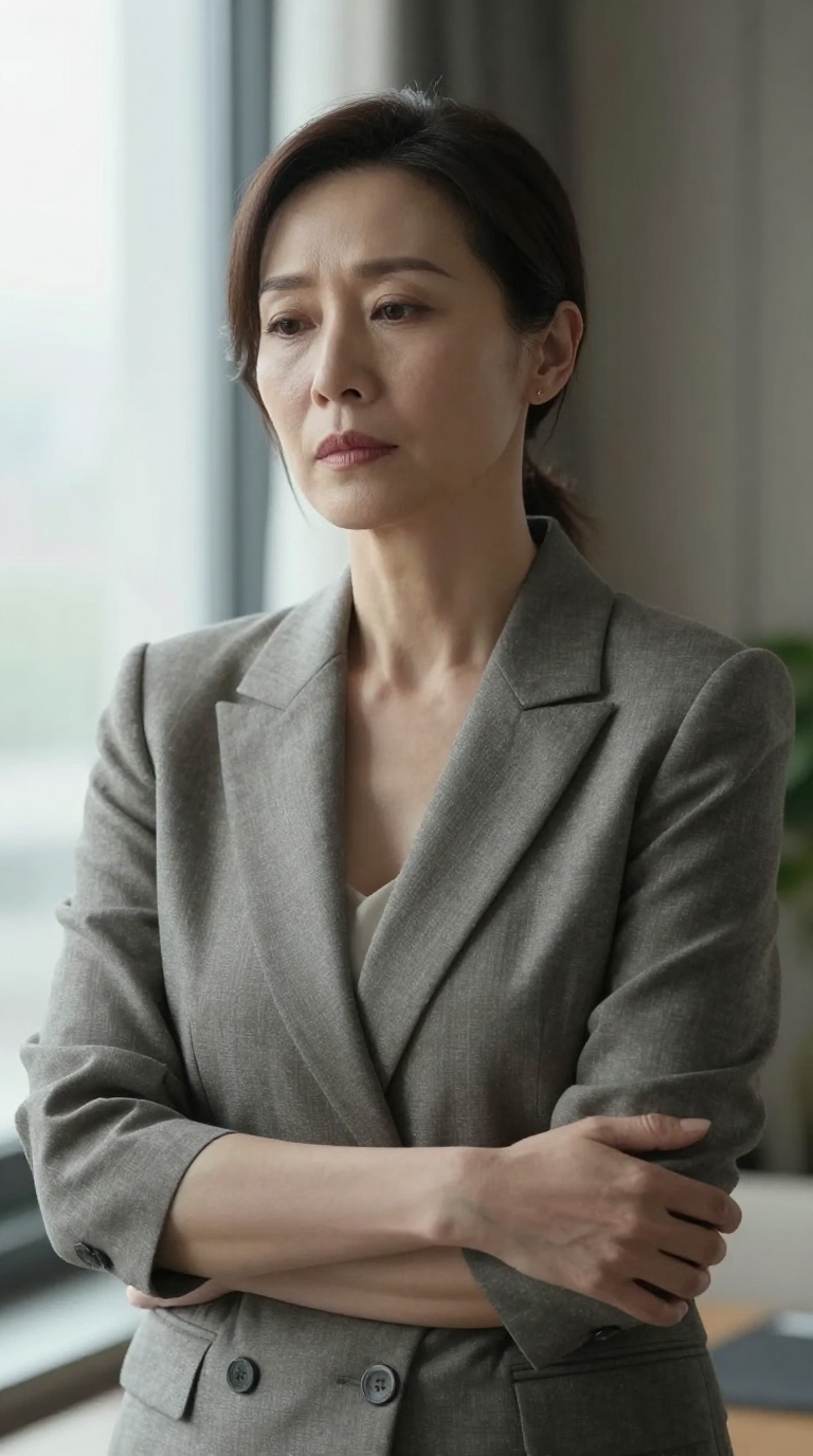 A woman stands with her arms crossed, looking away thoughtfully, in a softly lit room