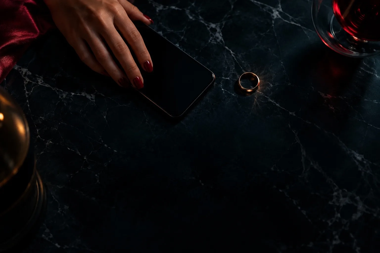 Una mano sobre una mesa oscura de mármol junto a un teléfono apagado y una alianza posada fuera del dedo