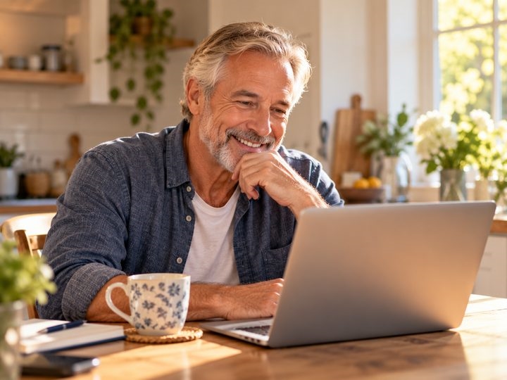 Man smiling at his laptop with a cup of tea
