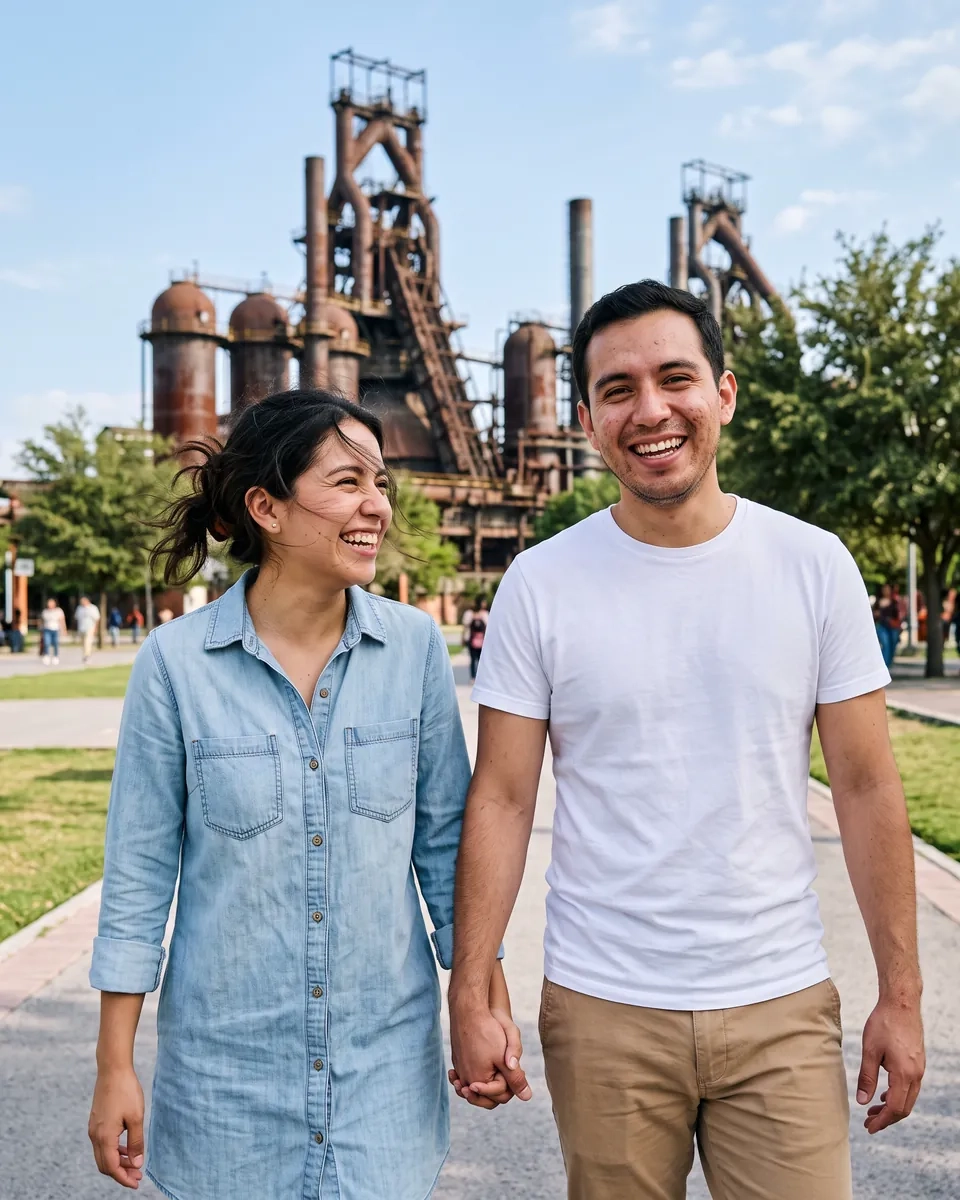 Una pareja camina de la mano y riéndose por un parque verde con antiguos altos hornos de una fundidora al fondo en una tarde soleada (imagen generada por IA)