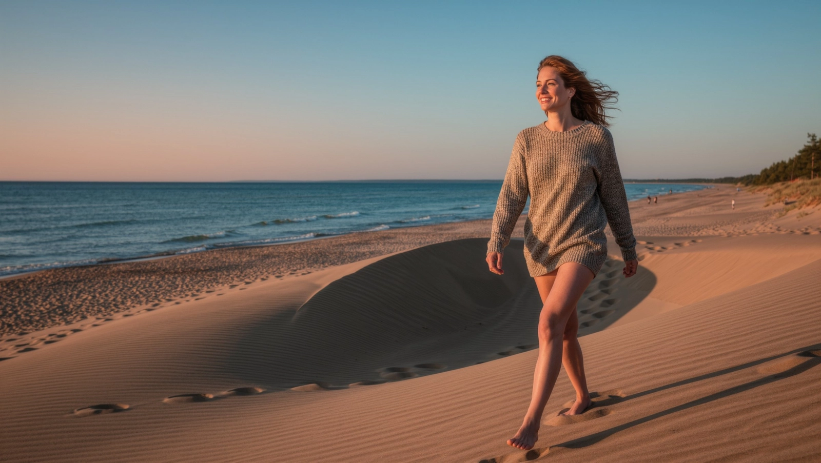 A woman walking on a Lake Michigan dune beach in the evening light