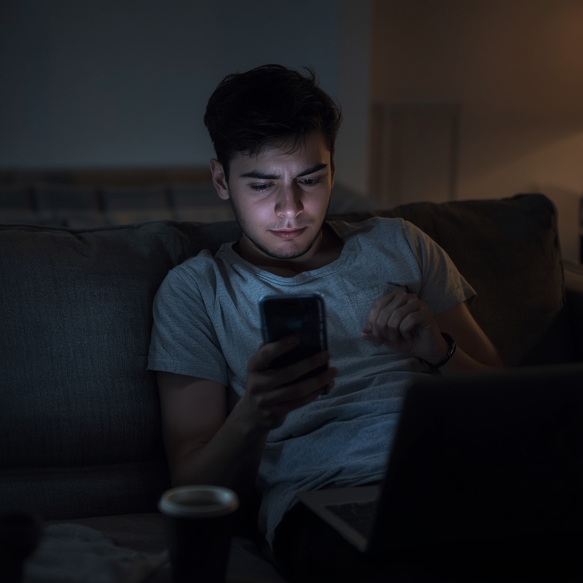 A young man sits alone on a sofa in a dark room, looking at his phone with a tired, flat expression, a laptop open beside him