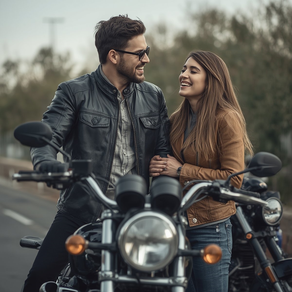 A rider and pillion pulling startled, laughing expressions while riding in open-face helmets and a scarf in the wind
