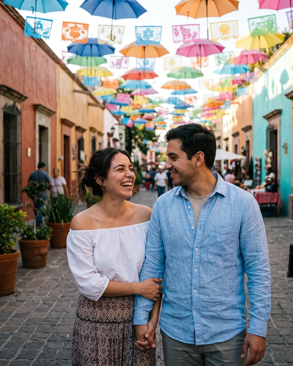 Una pareja pasea de la mano y se ríe por una calle peatonal de casas de colores en Tlaquepaque, bajo sombrillas de colores colgadas sobre la calle (imagen generada por IA)