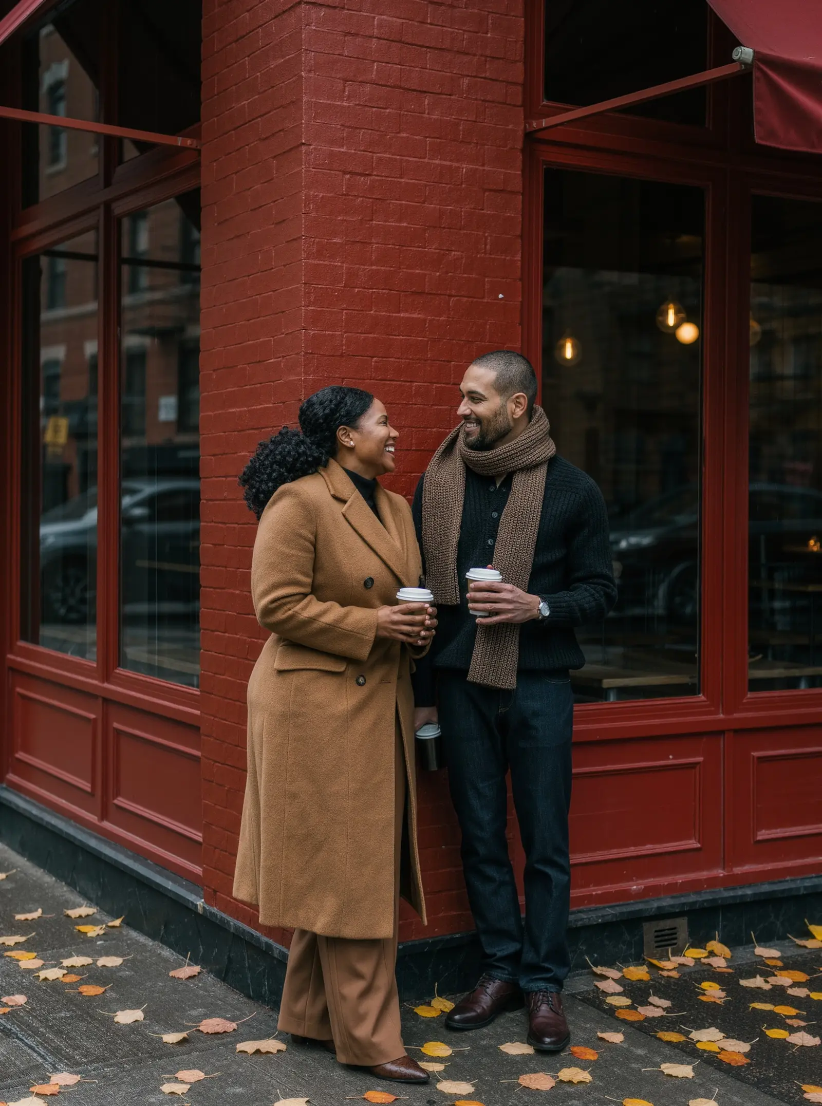 A woman in a camel coat and a man in a plaid scarf holding coffee cups and chatting outside a red brick corner cafe on an autumn street