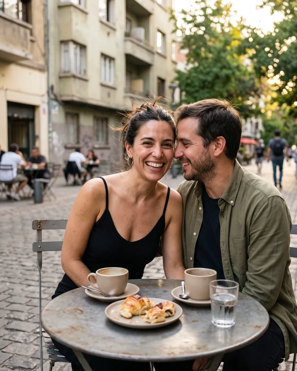 Una pareja se ríe sentada muy cerca en la mesa de un café de una calle empedrada de Santiago, con dos cafés y unos dulces delante (imagen generada por IA)