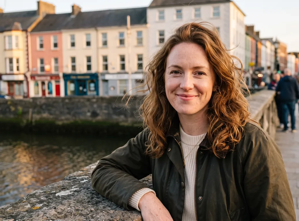 A woman with wavy auburn hair in an olive waxed jacket and a cream knit leans on the parapet of a stone bridge over the River Lee in Cork at golden hour, colourful quayside buildings behind her, and smiles at the camera (AI-generated image)