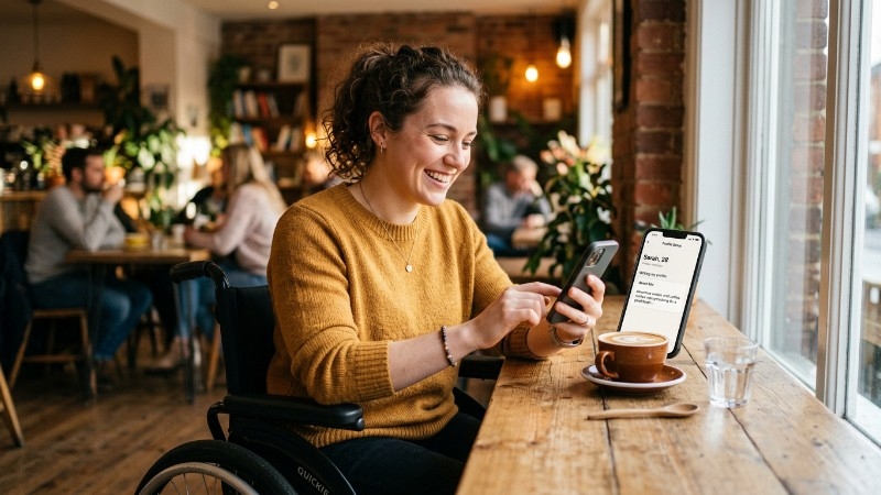 Person in wheelchair writing a dating profile on their phone at a café