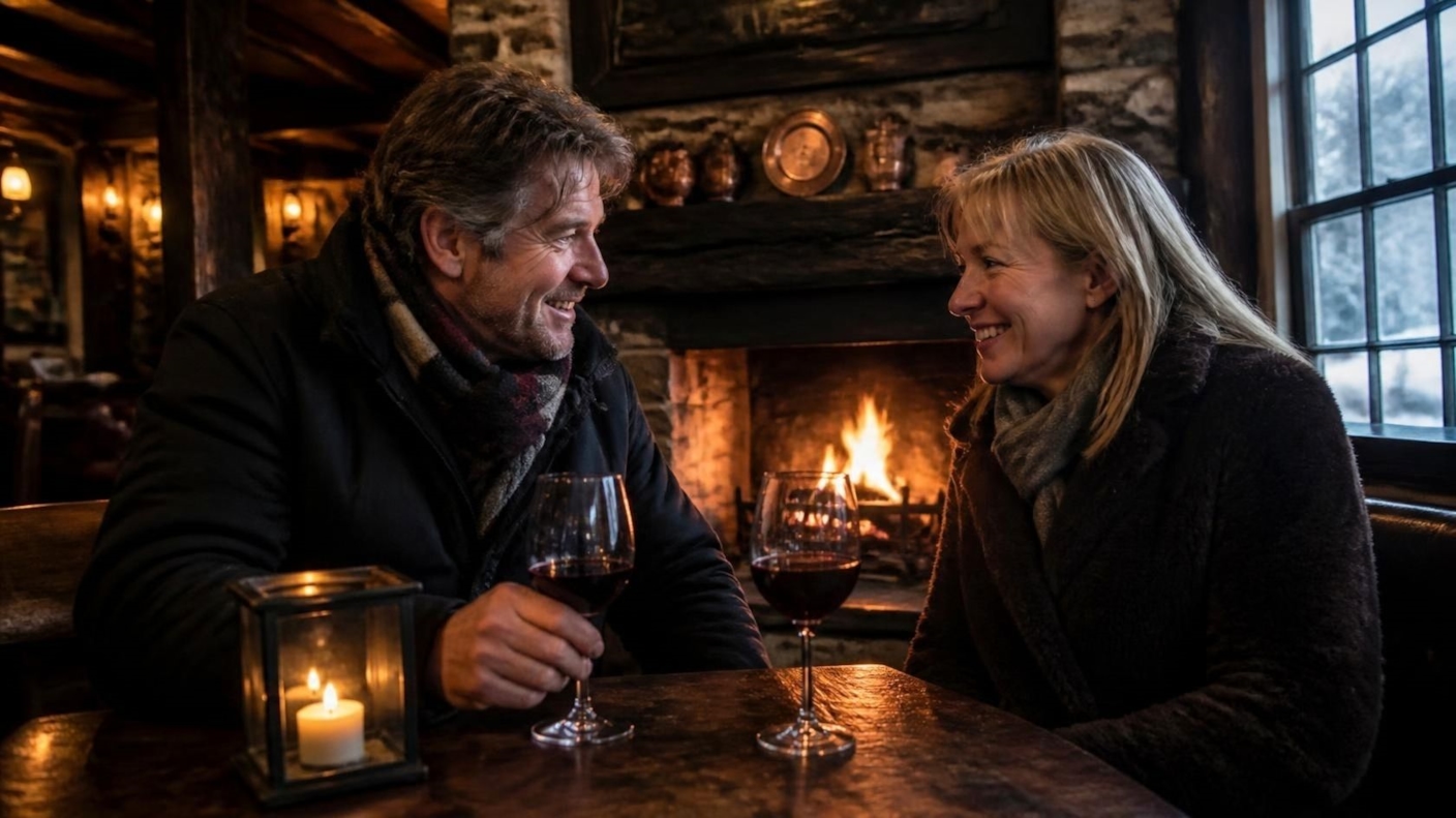 A couple in winter coats sharing red wine by an open fire in a cosy old pub