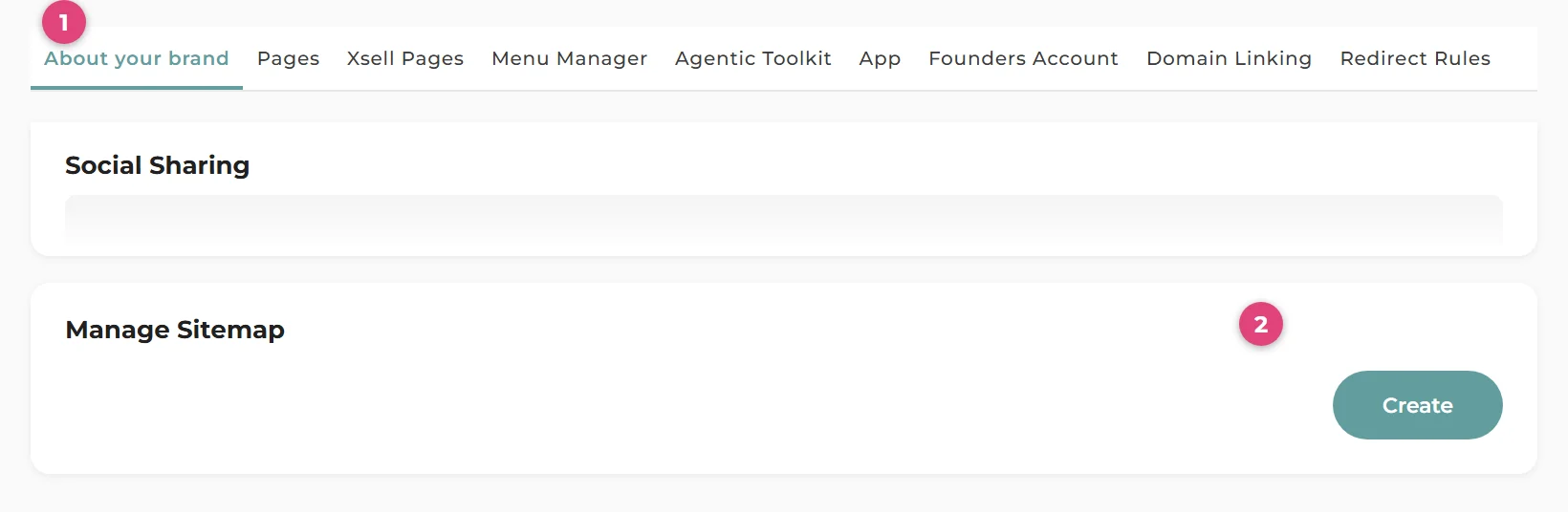 The About your brand tab with the Manage Sitemap card. Marker 1 points to the About your brand tab, marker 2 to the Create button on the Manage Sitemap card.