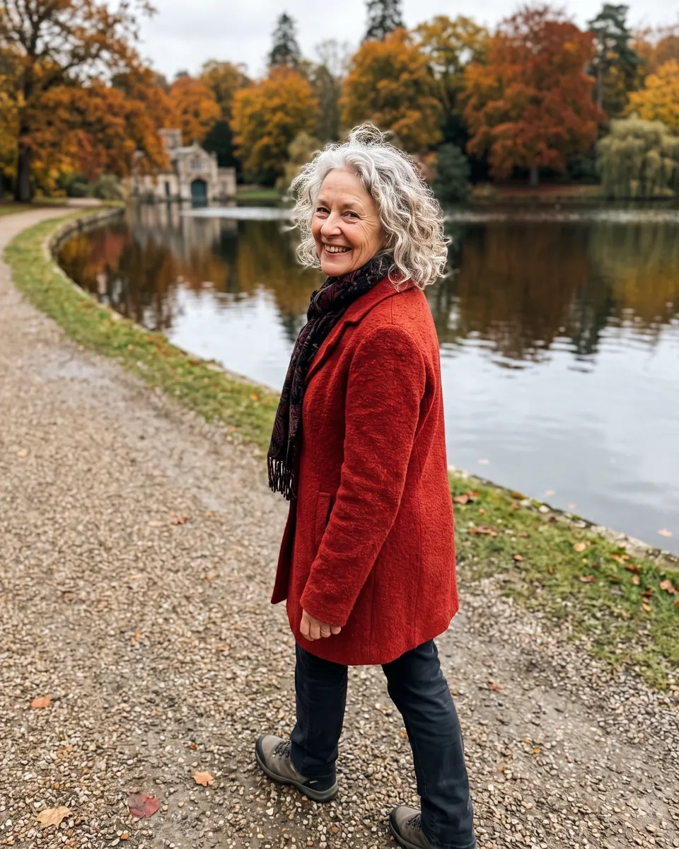 A woman in her mid sixties with curly grey hair and a red coat smiles back over her shoulder on a lakeside gravel path in autumn parkland (AI-generated image)