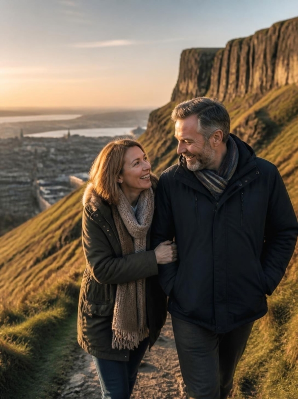 A couple walking arm in arm along a grassy hillside path at golden hour, with a basalt cliff behind them and the city and lough below
