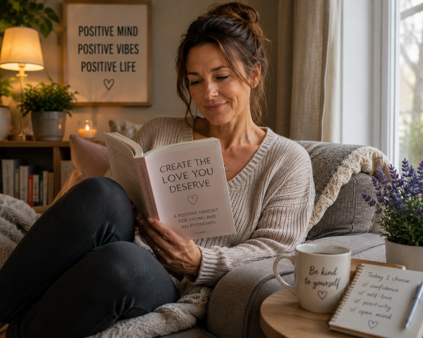 A woman sits curled up on a sofa reading a book titled 'Create the Love You Deserve — A Positive Mindset for Dating and Relationships,' with a mug reading 'be kind to yourself' and a notebook nearby