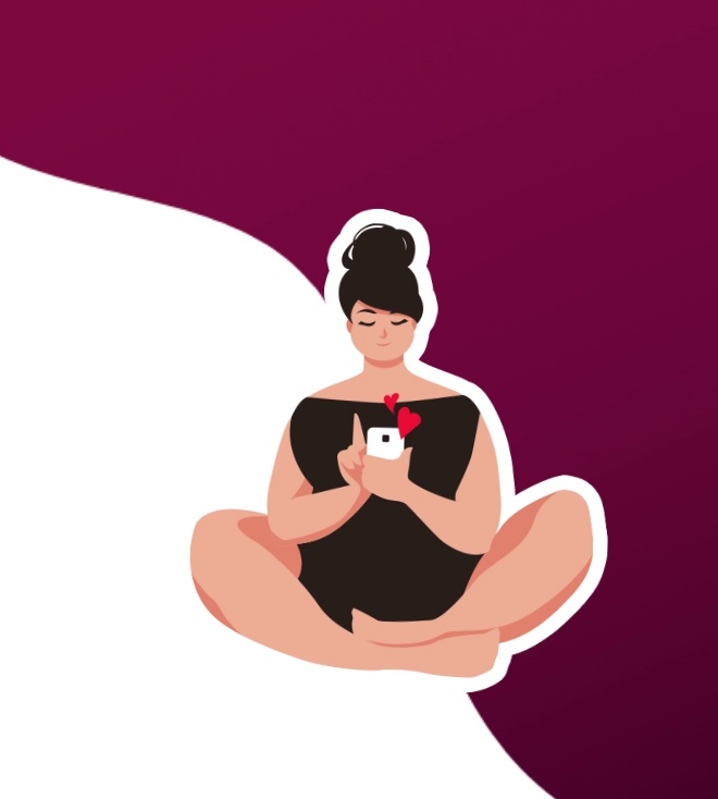 An illustration of a curvy woman sitting cross-legged, smiling at her phone as little hearts float up