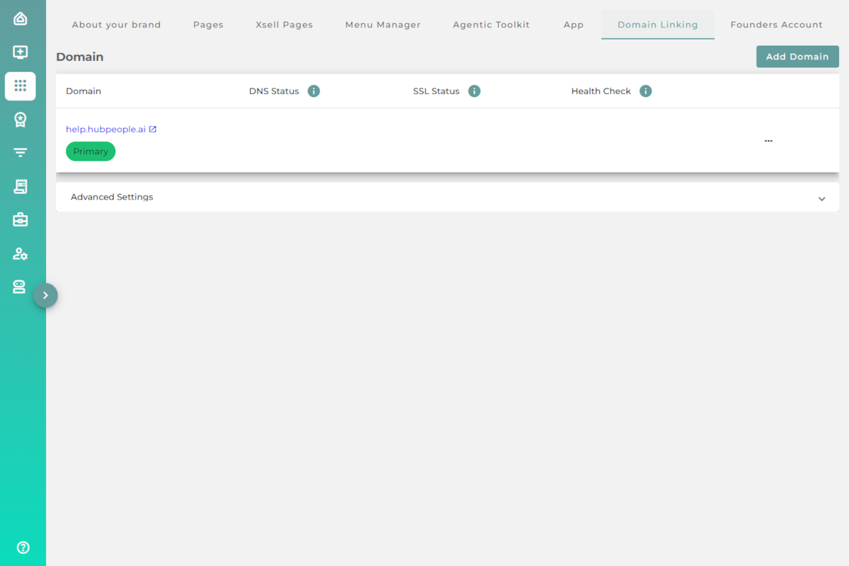 The Domain Linking tab showing a linked domain with DNS, SSL, and health status columns and an Add Domain button.