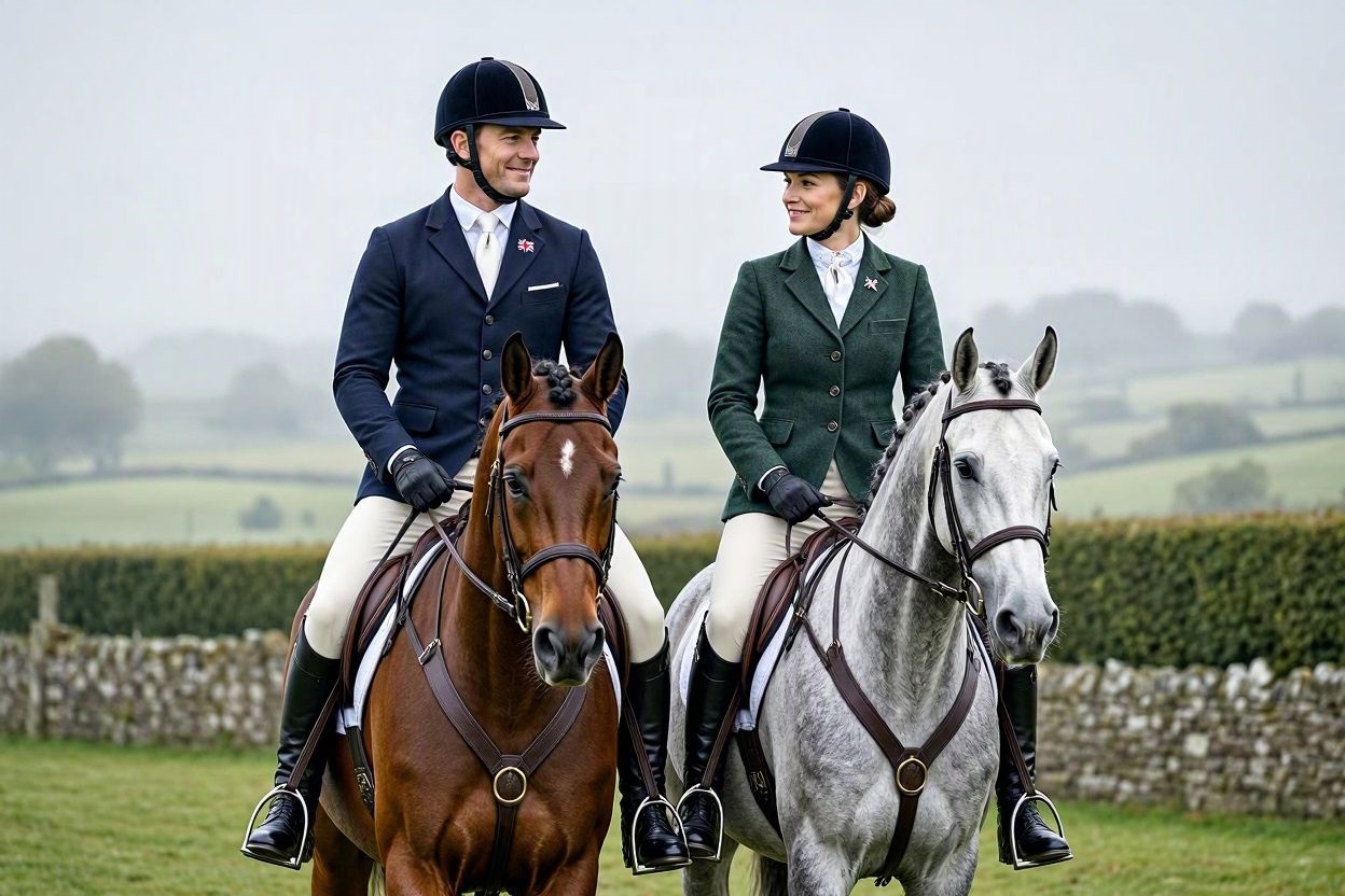 A smiling couple in riding jackets and helmets on a bay and a grey horse beside a dry stone wall