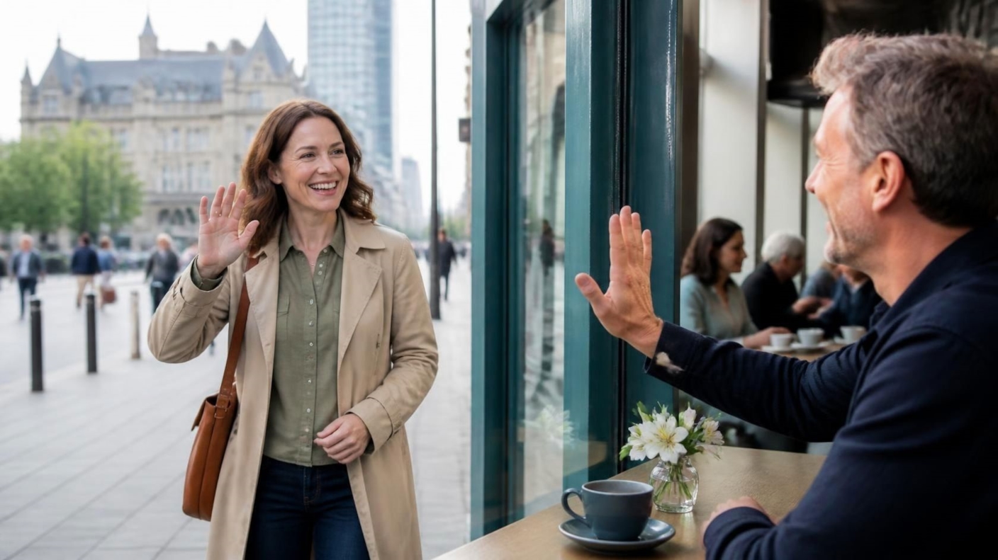 A woman waving hello as she arrives at a busy café, with a man waving back from the window