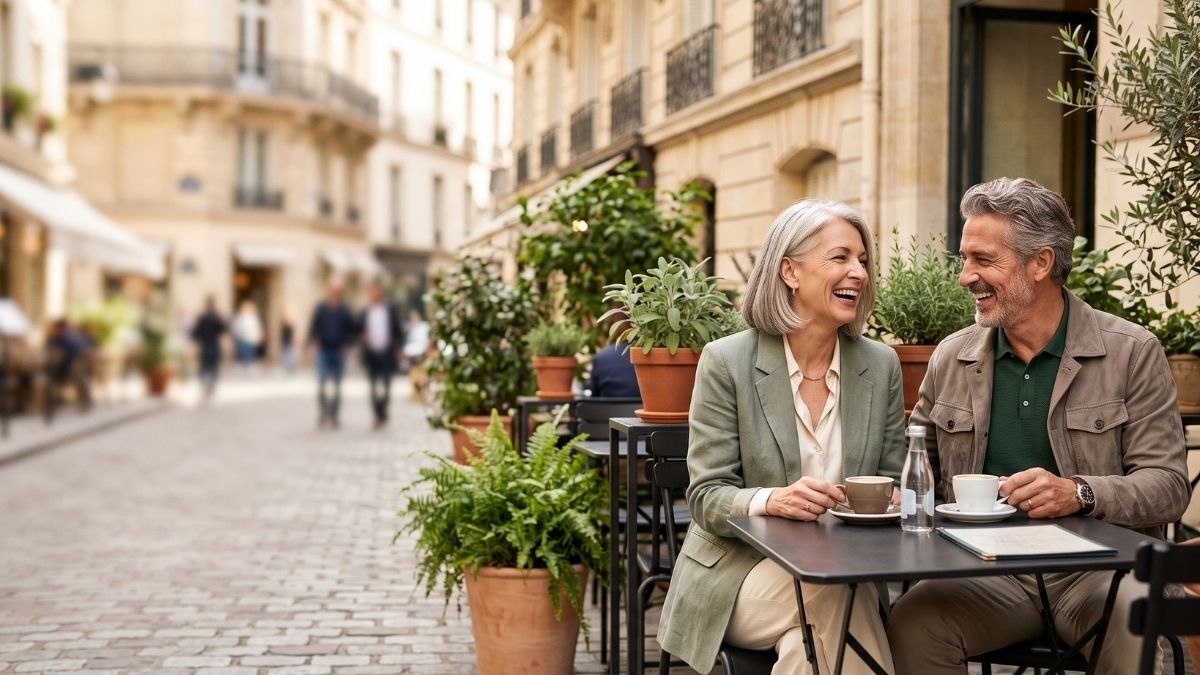 An older couple talking at a cafe table on a quiet street