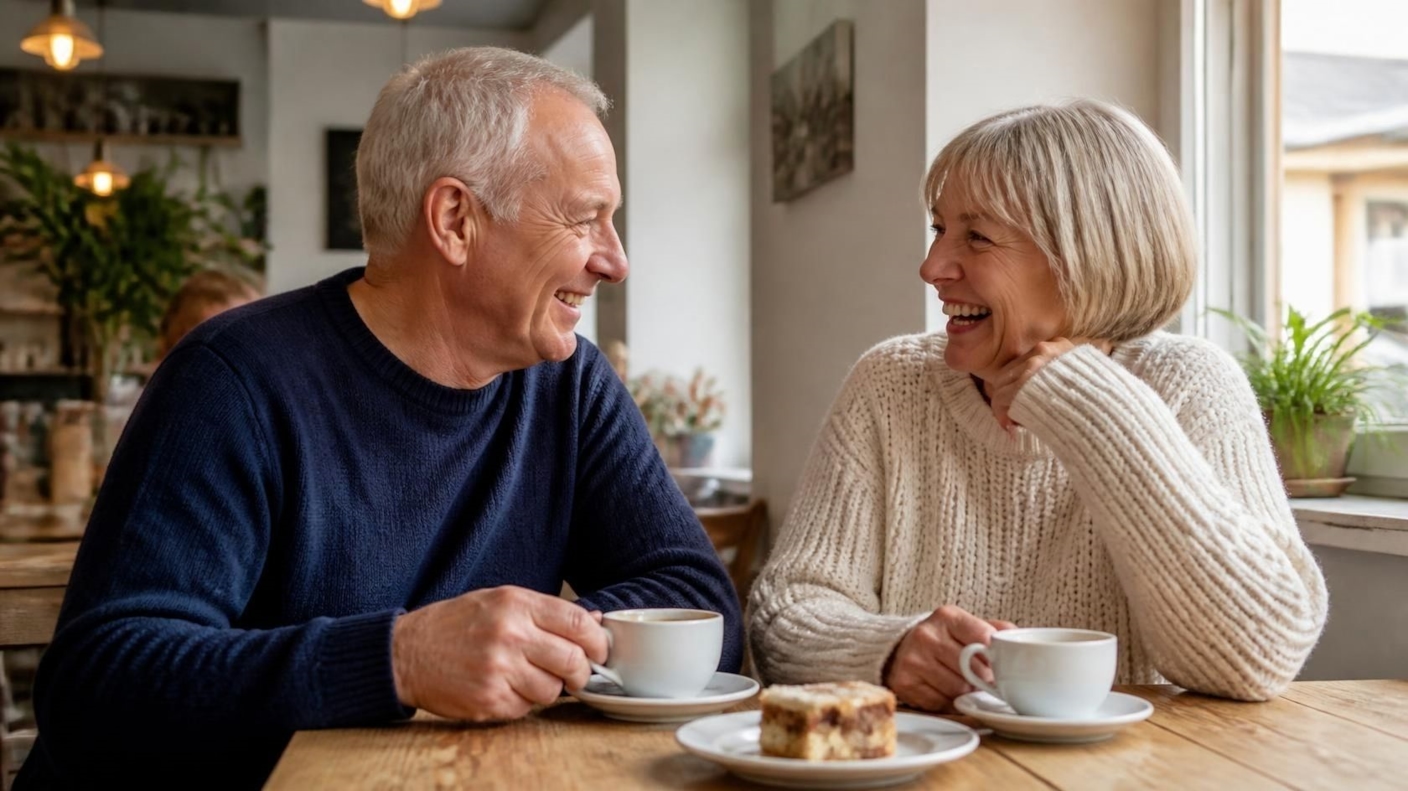 An older couple laughing over tea and cake at a café
