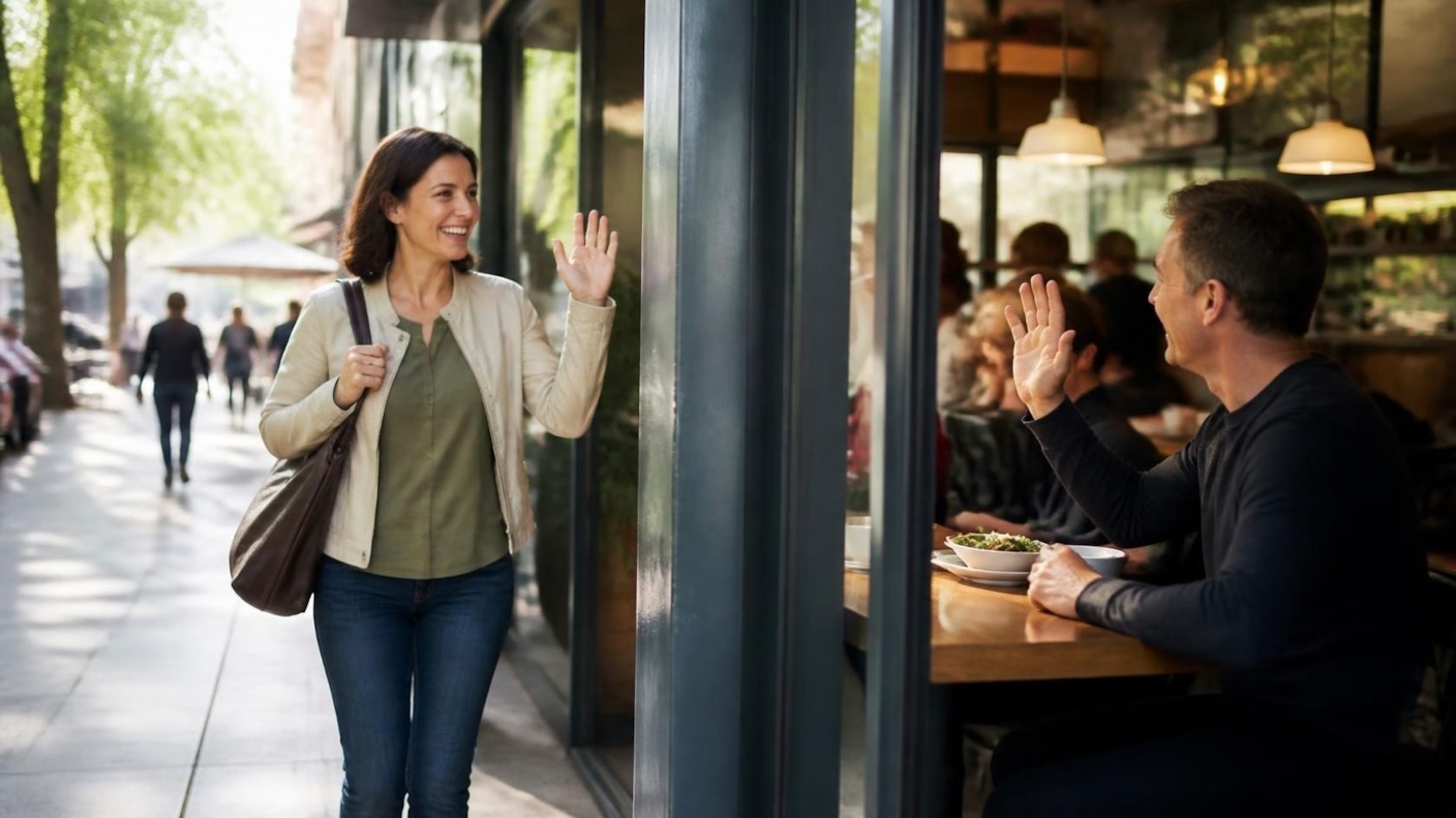 A woman waving hello as she arrives at a café where a man waves back