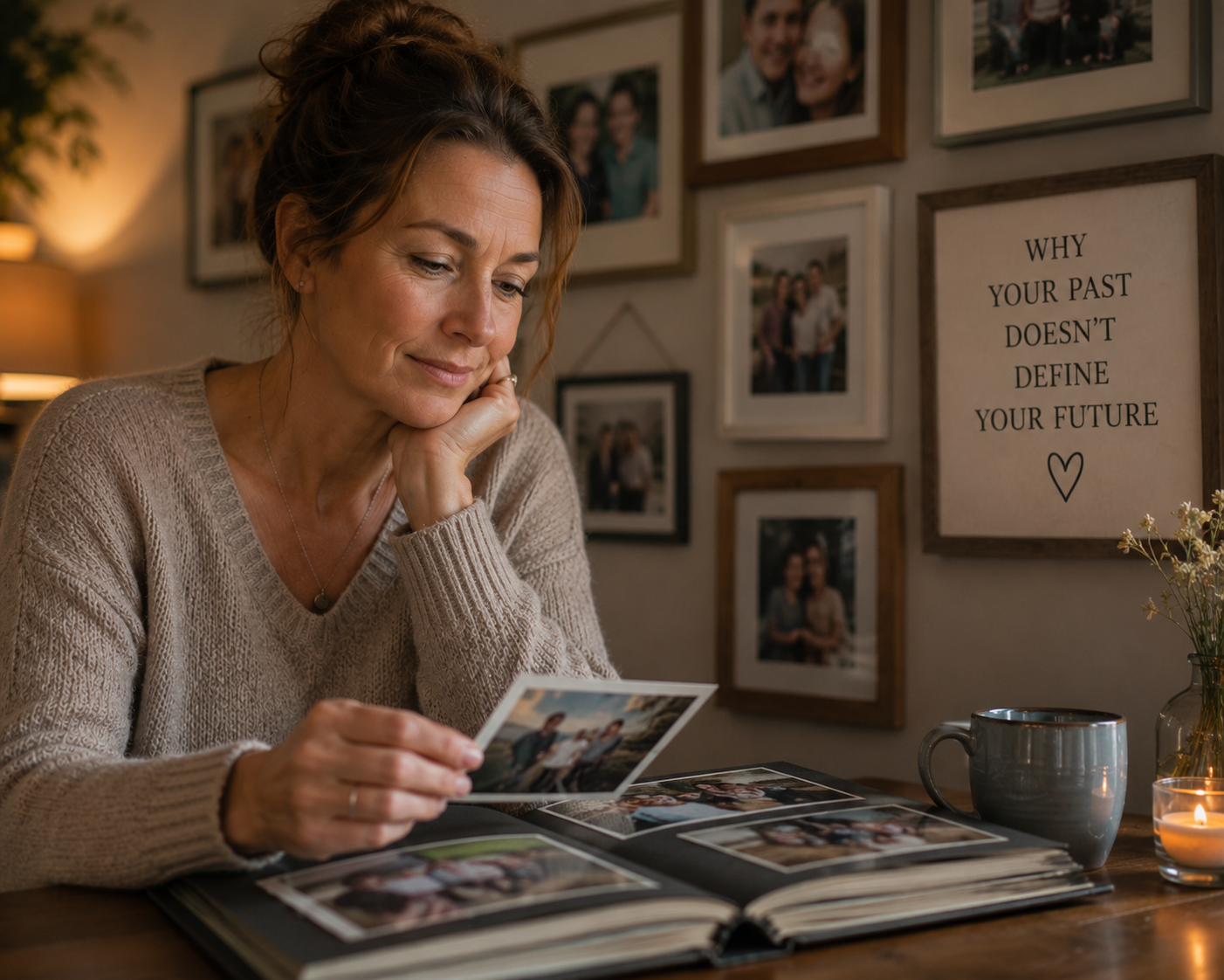 A woman sits at a table looking thoughtfully at an old photograph from a family album, surrounded by framed photos on the wall, one of which reads 'why your past doesn't define your future'