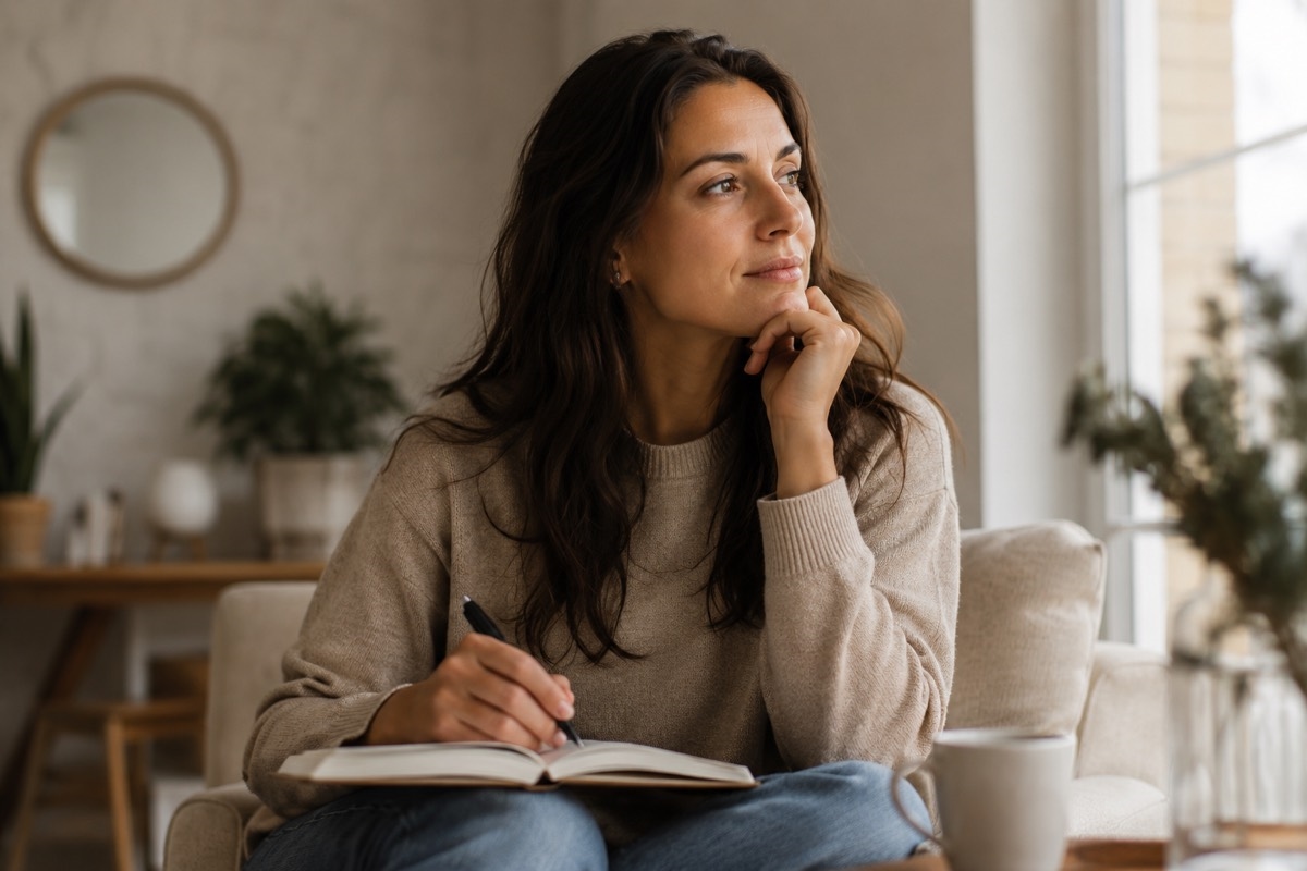A woman sits with an open journal on her lap, pen in hand, pausing to look thoughtfully out of a window