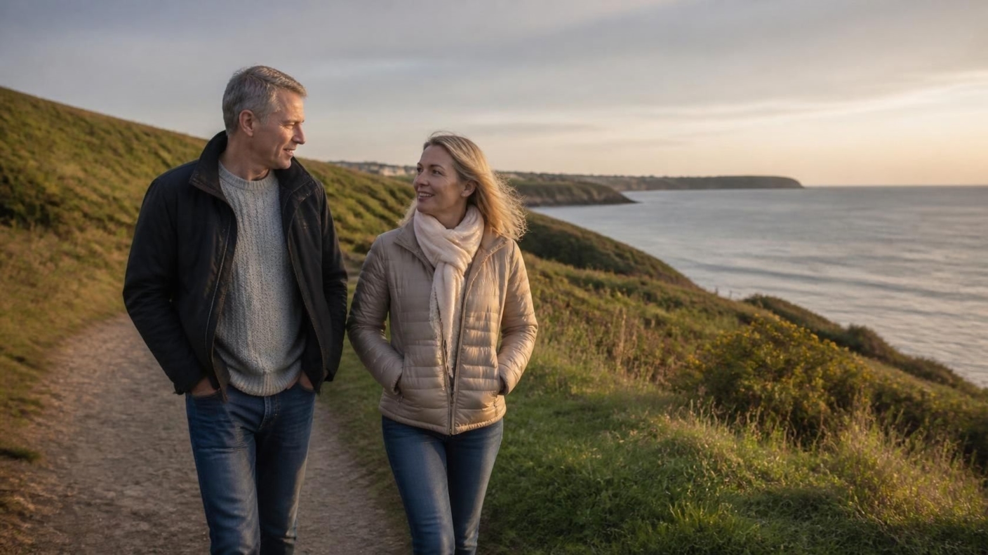 A man and woman walking and talking gently along a quiet coastal path above the sea
