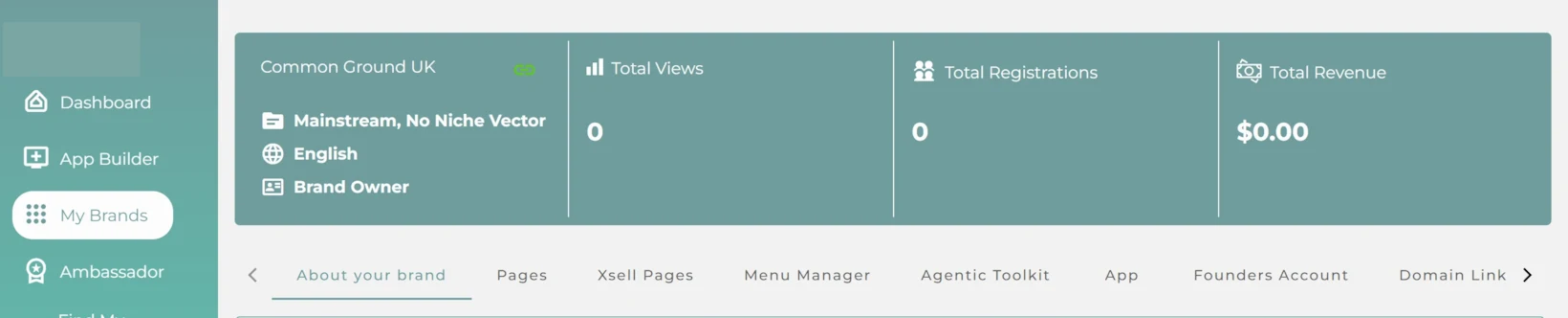 A brand open in the portal. My Brands is highlighted in the menu down the left. Tabs run across the top: About your brand, Pages, Xsell Pages, Menu Manager, Agentic Toolkit, App, Founders Account and Domain Link.