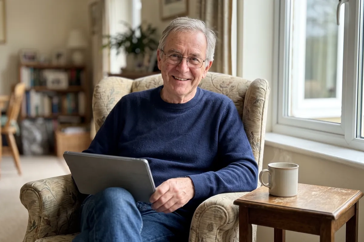 A man in his late sixties with grey hair and glasses in a navy jumper sits in an armchair by a window and smiles as he reads something on a tablet (AI-generated image)