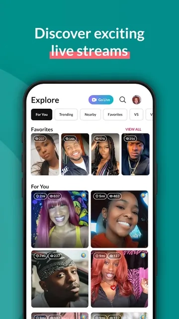 Tagged app Explore screen showing live streams from favourite and suggested members