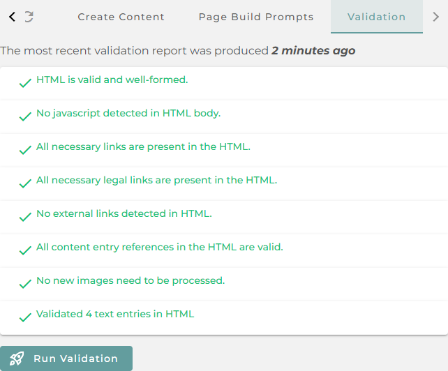 The Validation tab showing a checklist of passed checks: HTML valid, no JavaScript in body, necessary links present, legal links present, no external links, content entry references valid, no new images to process, and text entries validated.