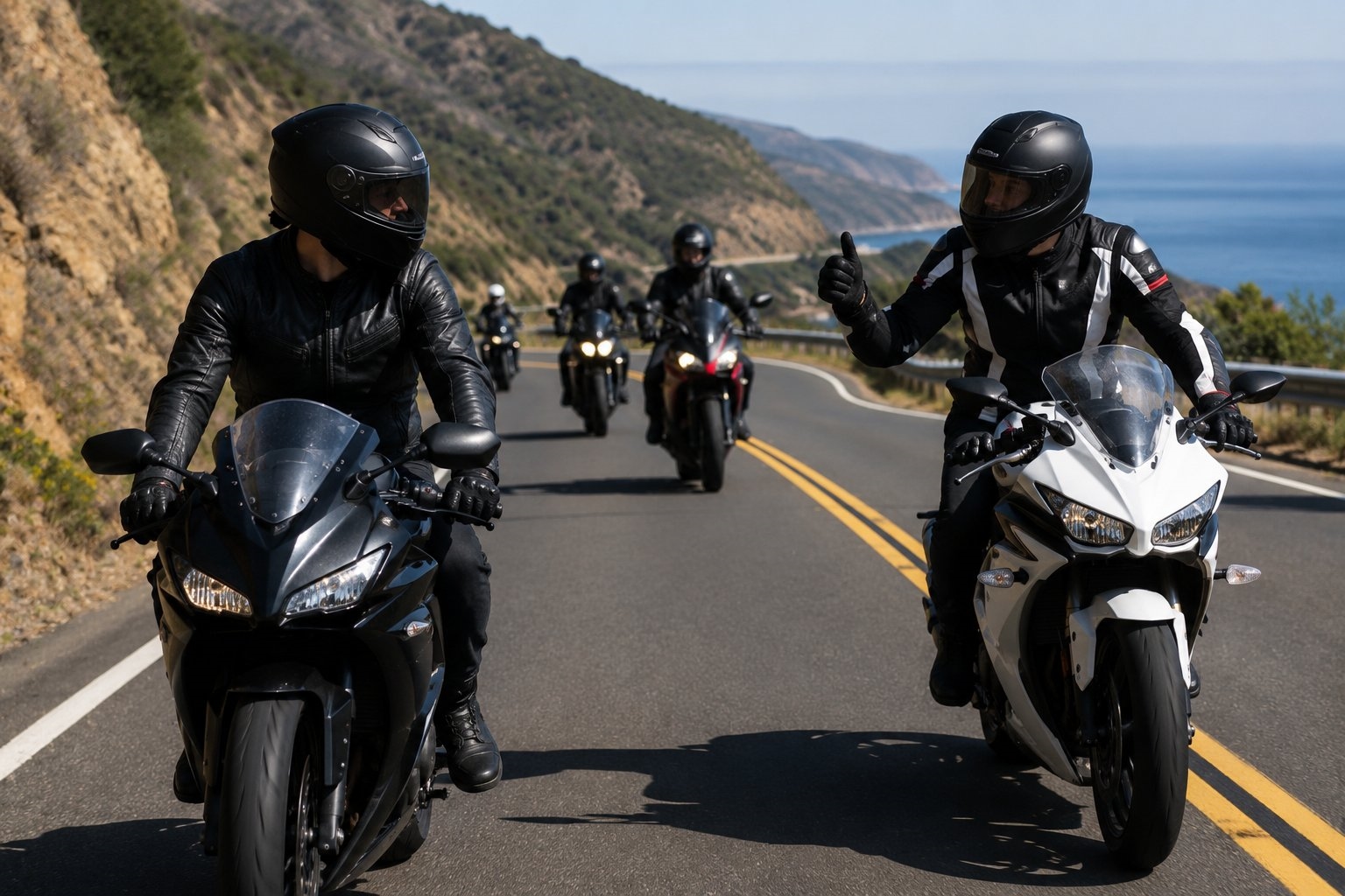 A group of sport bike riders on a coastal road, one rider giving a thumbs up to another in the group