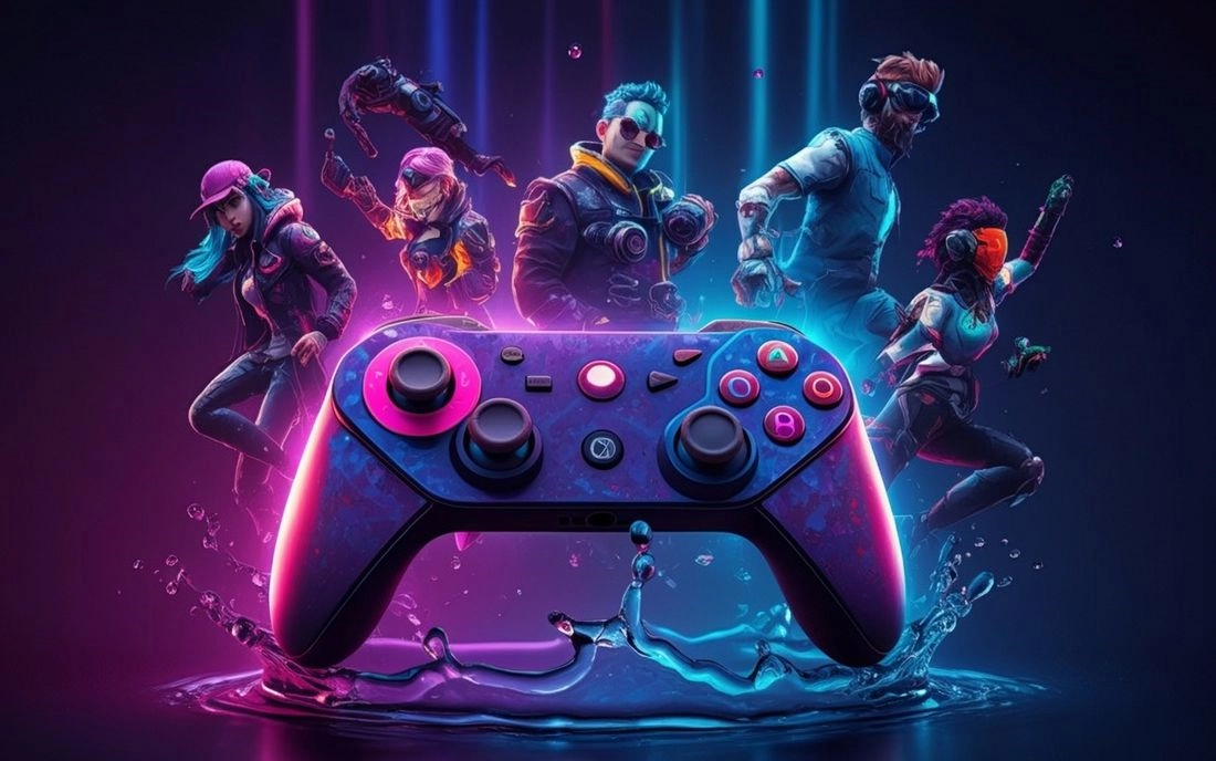 Stylised game characters around a glowing neon controller