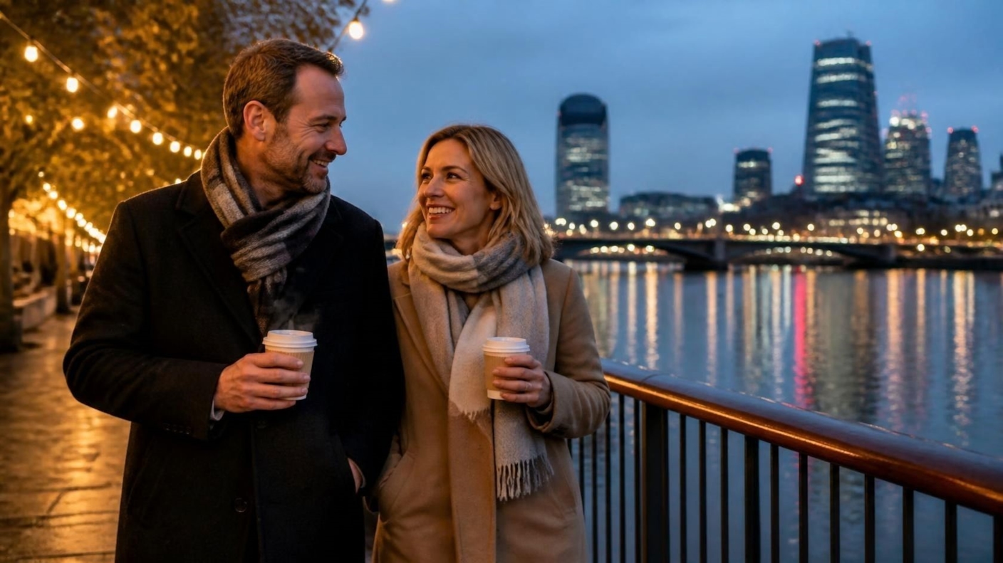 A couple with hot drinks walking along the Thames on a winter evening