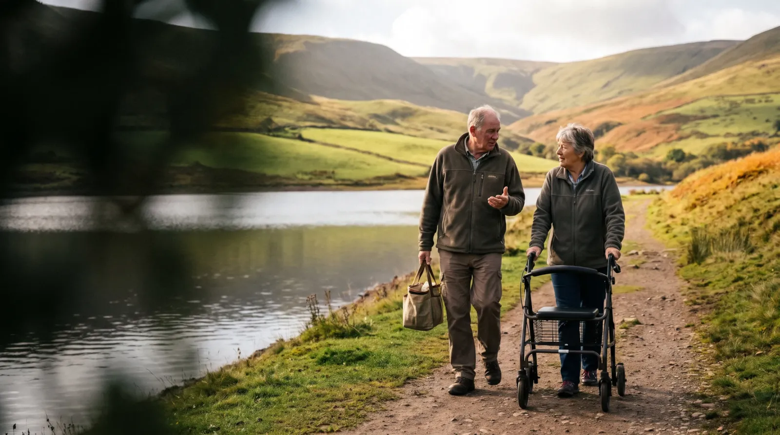 A couple beside a reservoir in the Brecon Beacons; the woman walks with a rollator