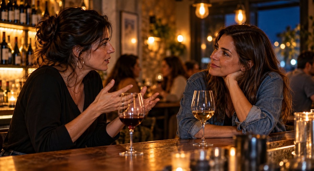 Dos mujeres conversando en la barra de un bar con luz cálida