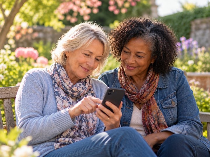 Two friends looking at a phone together